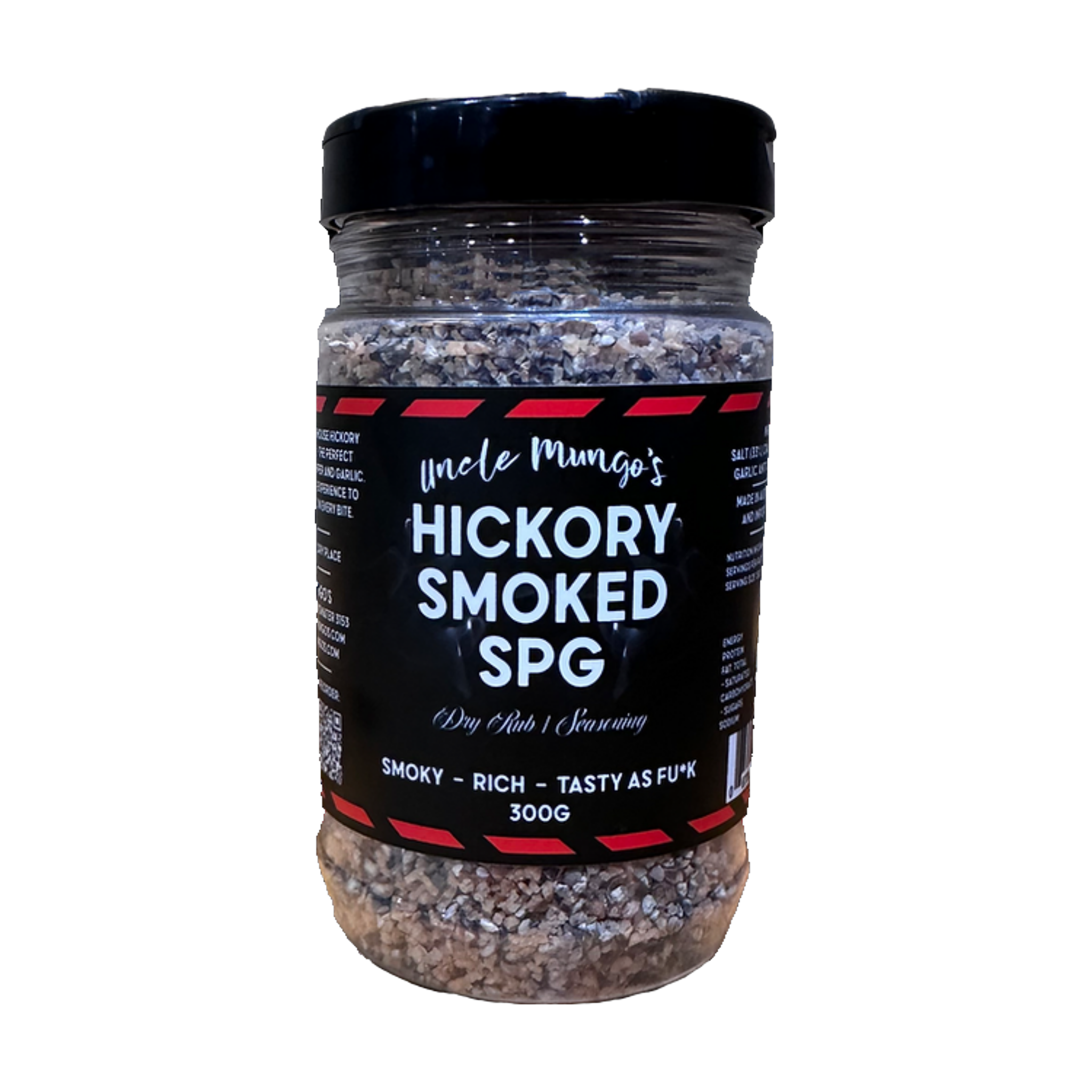 Uncle Mungo's Hickory Smoked SPG 300g hickory smoked salt pepper garlic rub — front of shaker on transparent background