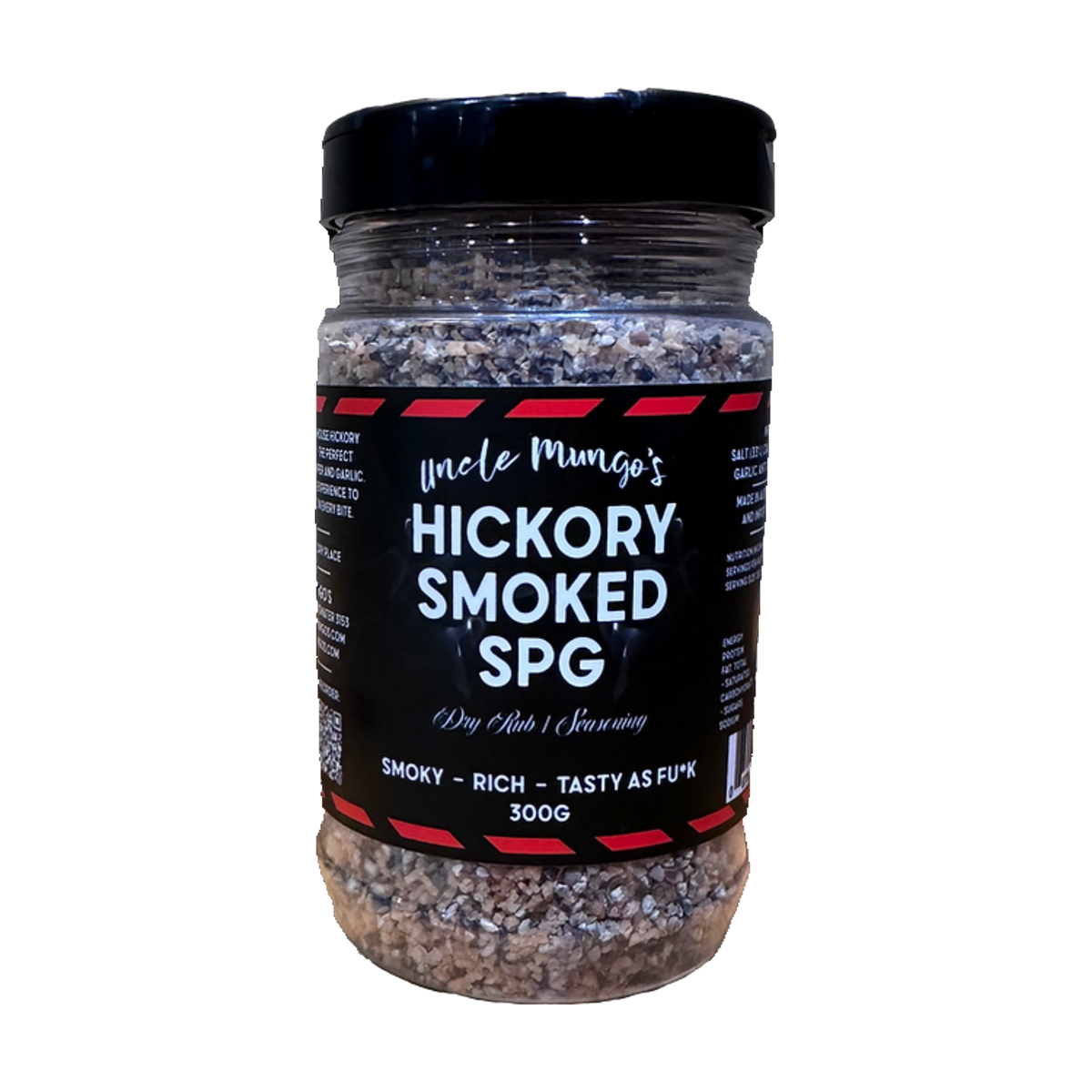 Uncle Mungo's Hickory Smoked SPG 300g hickory smoked salt pepper garlic rub — front of shaker on transparent background