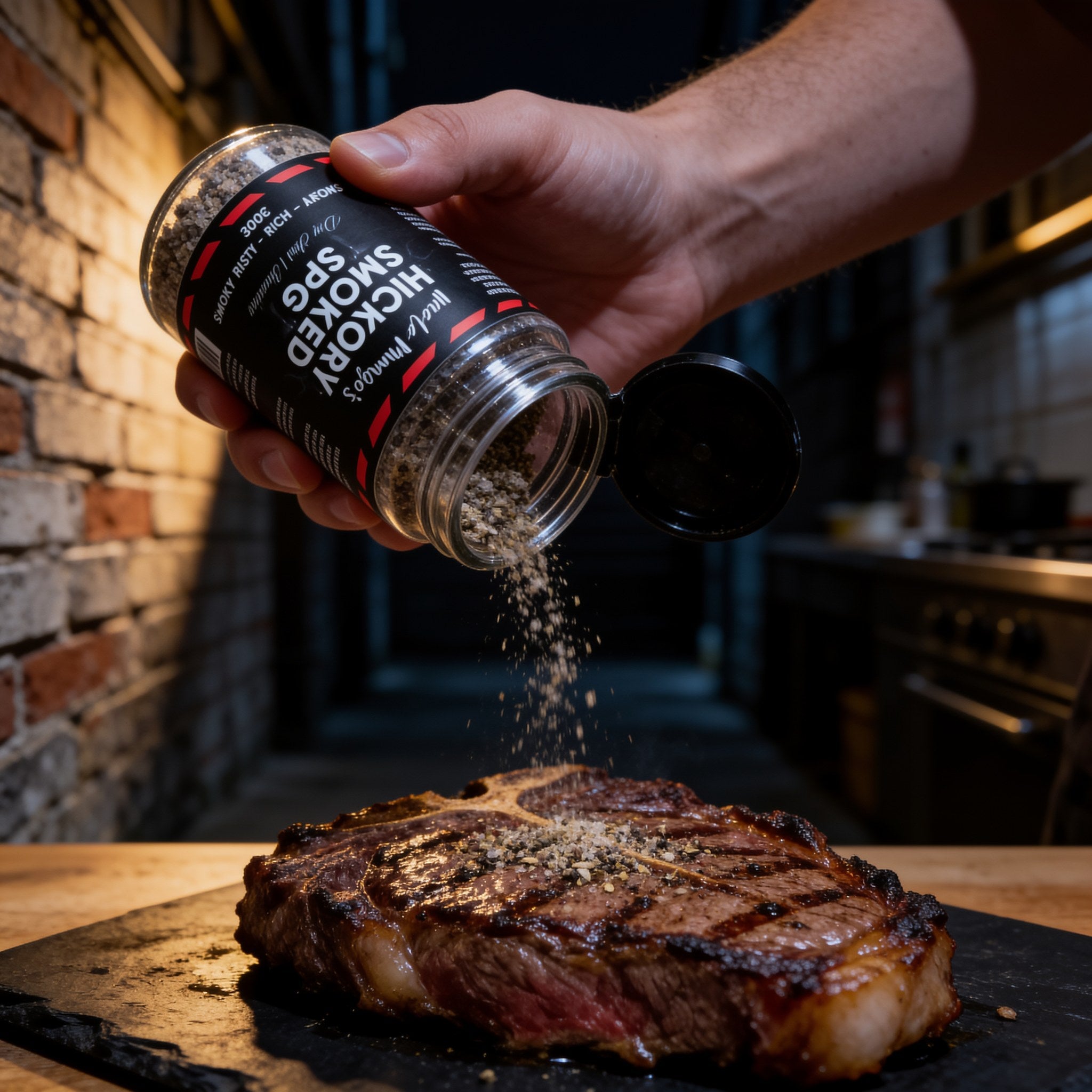 Uncle Mungo's Hickory Smoked SPG 300g hickory smoked salt pepper garlic rub — shaking hickory smoked SPG rub over a seared steak