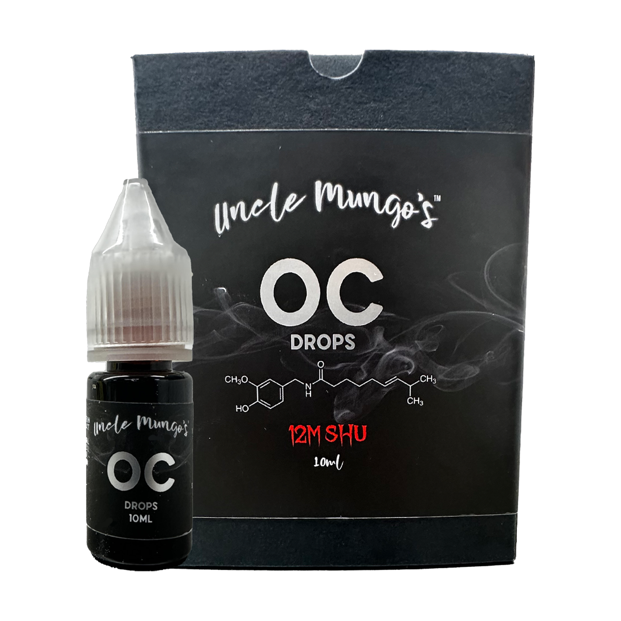 Uncle Mungo's OC Drops 10ml capsaicin extract — front of dropper bottle on transparent background