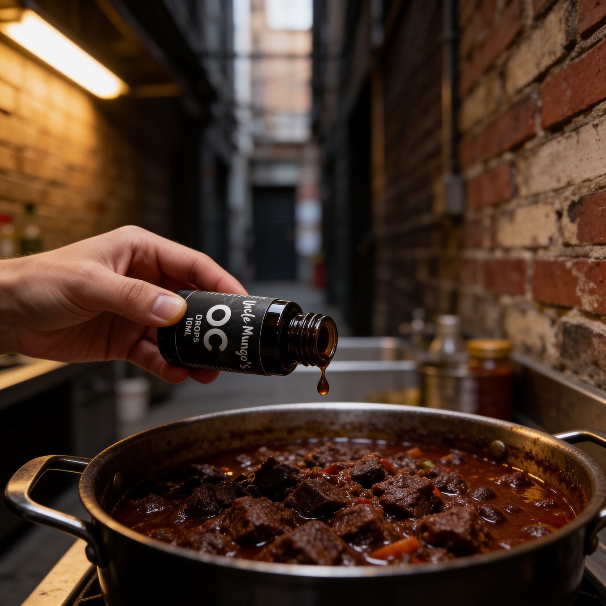 Uncle Mungo's OC Drops 10ml capsaicin extract — adding a single drop of OC Drops to a pot of beef chilli