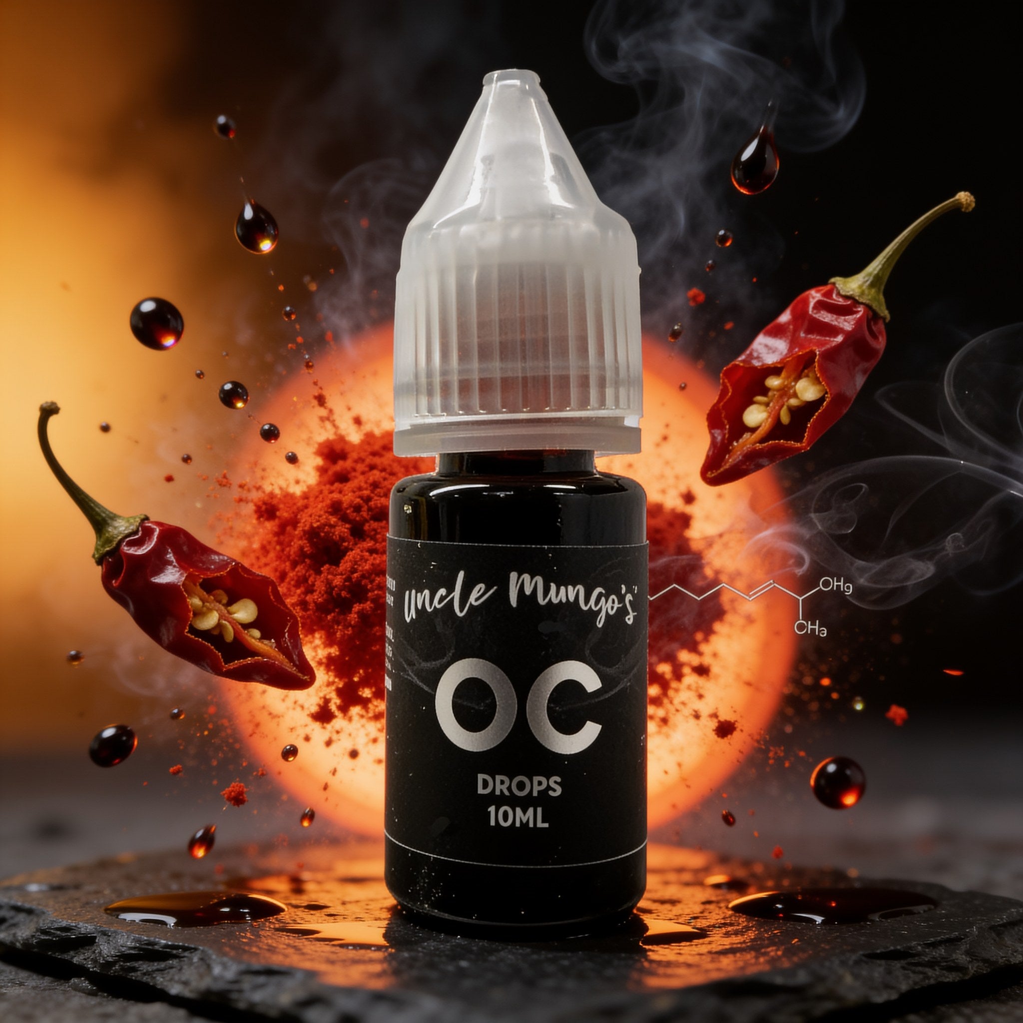 Uncle Mungo's OC Drops 10ml capsaicin extract — exploded high-speed shot with superhot chillies and red chilli powder