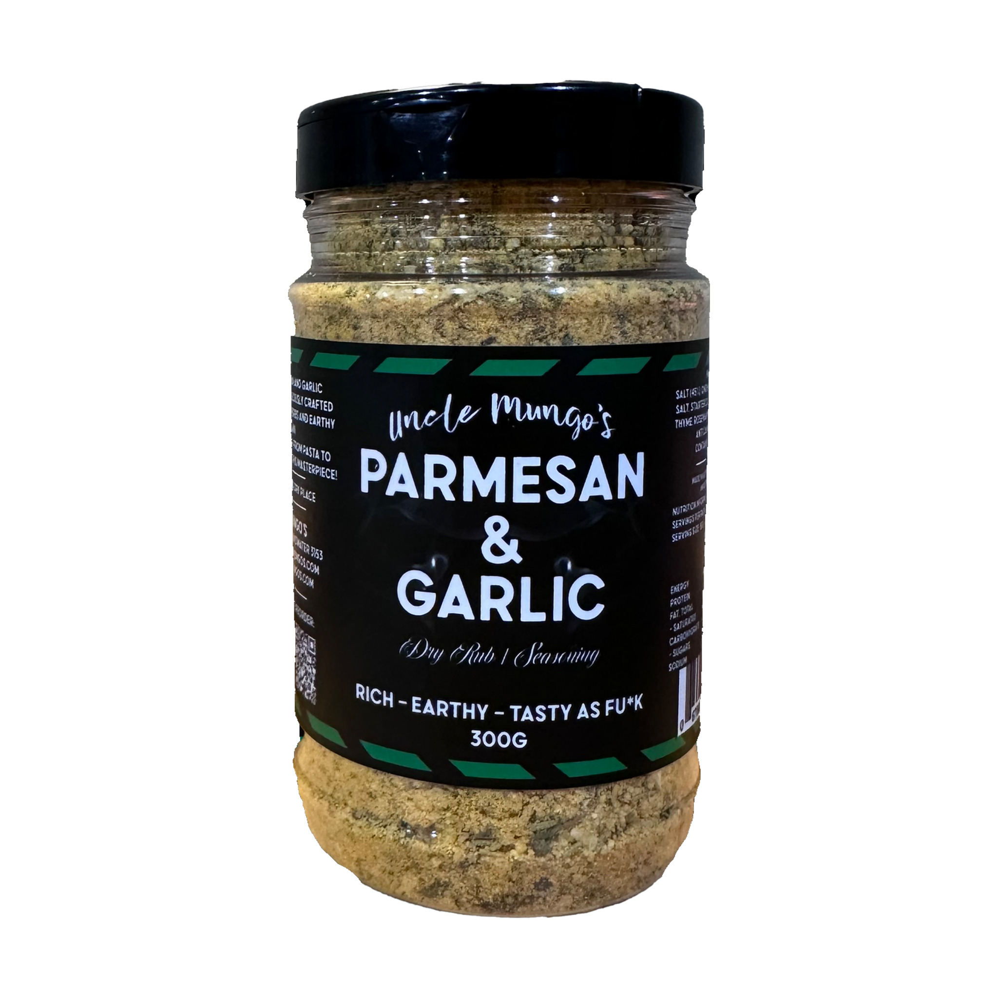 Uncle Mungo's Parmesan & Garlic 300g parmesan and garlic seasoning — front of shaker on transparent background
