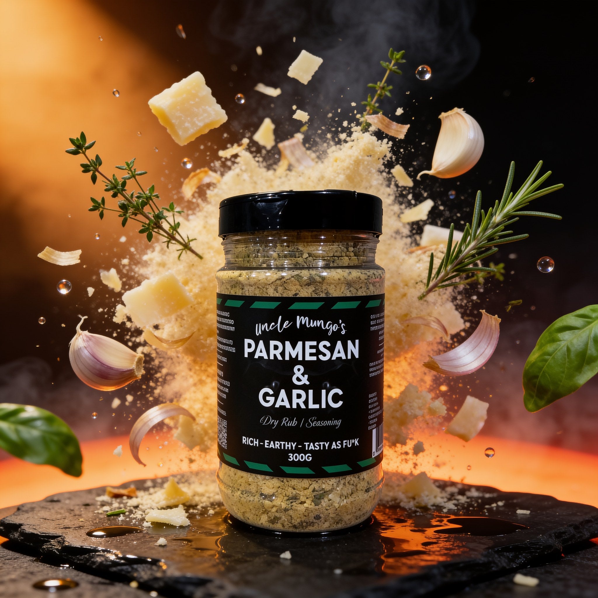 Uncle Mungo's Parmesan & Garlic 300g parmesan and garlic seasoning — exploded high-speed shot with parmesan, garlic and herbs
