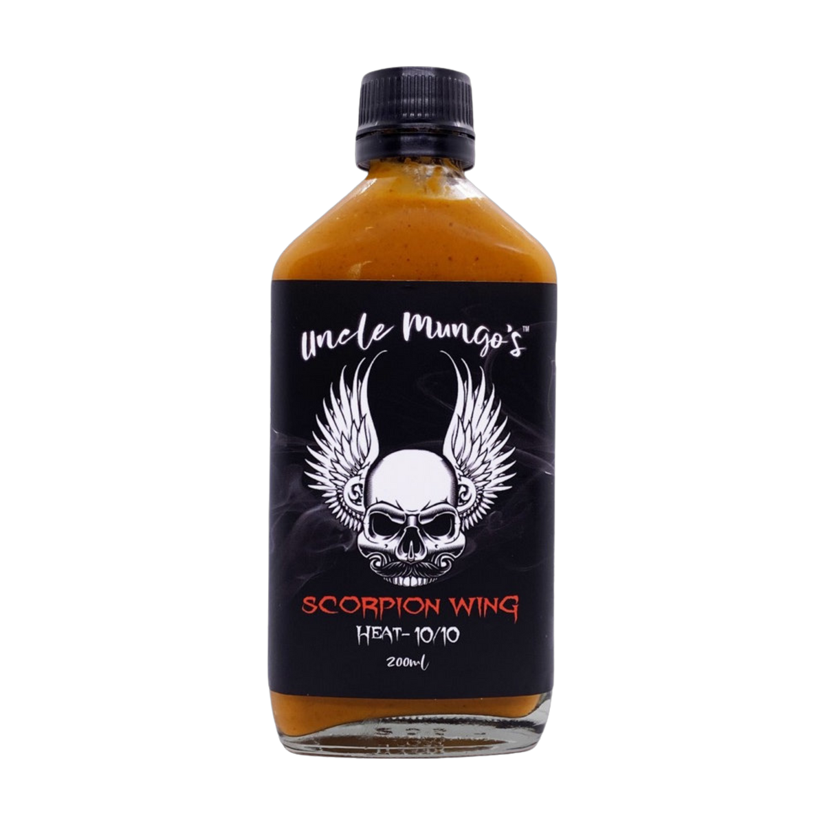 Uncle Mungo's Scorpion Wing 200ml scorpion pepper wing sauce — front of bottle on transparent background
