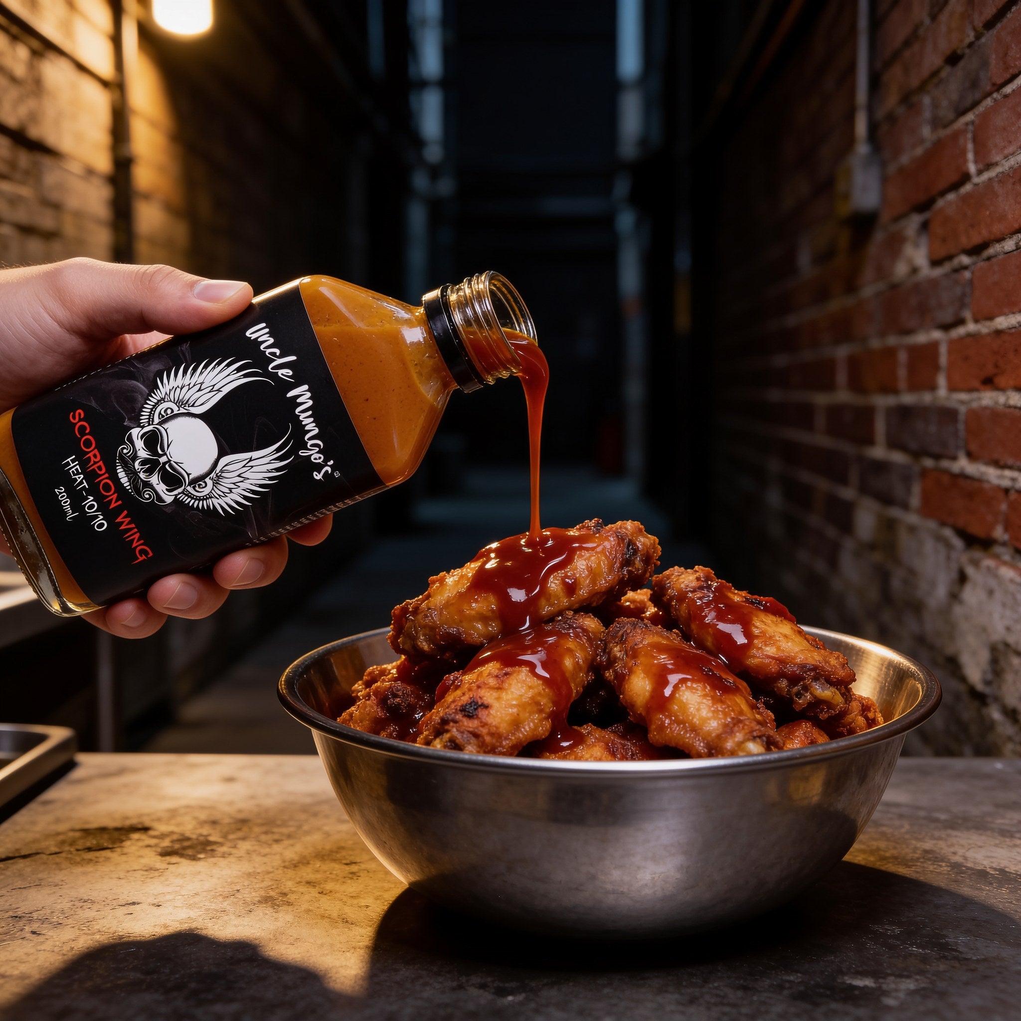 Uncle Mungo's Scorpion Wing 200ml scorpion pepper wing sauce — tossing chicken wings in scorpion wing sauce
