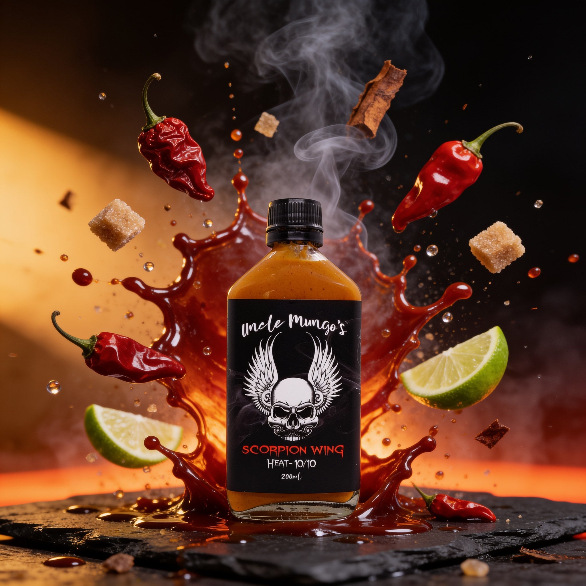 Uncle Mungo's Scorpion Wing 200ml scorpion pepper wing sauce — exploded high-speed shot with Moruga chillies, brown sugar and lime