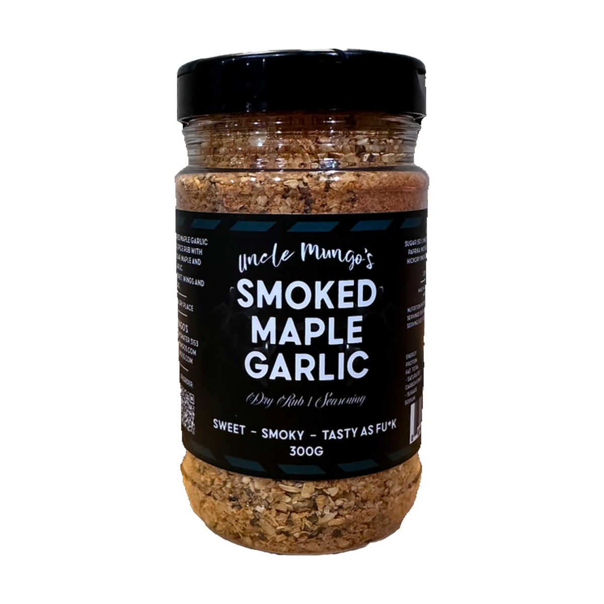 Uncle Mungo's Smoked Maple Garlic 300g smoked maple garlic dry rub — front of shaker on transparent background