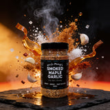 Uncle Mungo's Smoked Maple Garlic 300g smoked maple garlic dry rub — exploded high-speed shot with maple syrup, garlic and sugar