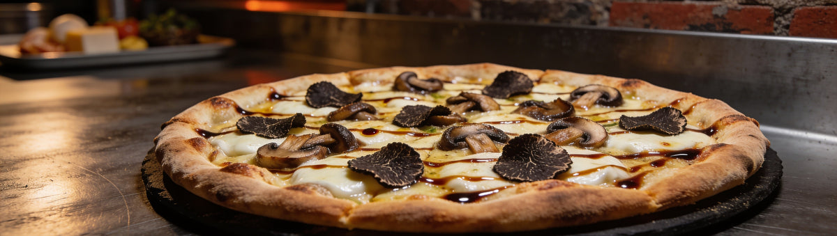 Truffle and mushroom pizza bianca with smoked truffle hot sauce - Uncle Mungo's Smoked Truffle
