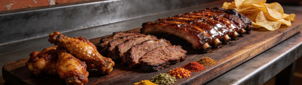 Board of smoked brisket, ribs, wings and chips with Uncle Mungo's rubs - Uncle Mungo's The Lot