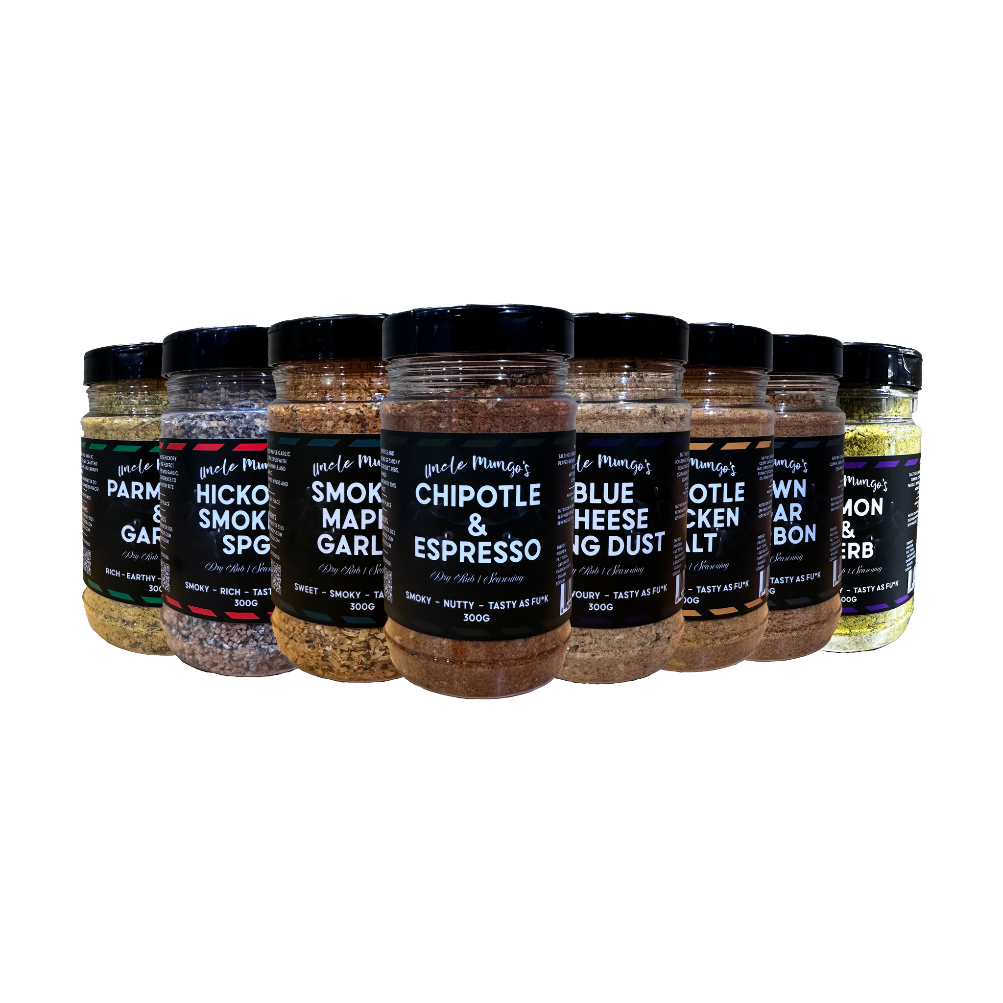 Uncle Mungo's The Lot 8-pack rub and seasoning bundle — front of shakers on transparent background
