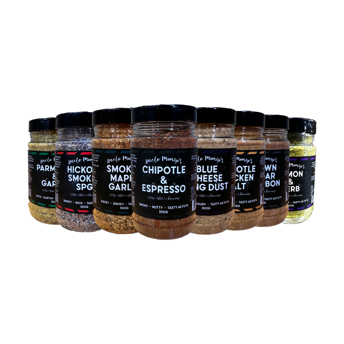 Uncle Mungo's The Lot 8-pack rub and seasoning bundle — front of shakers on transparent background