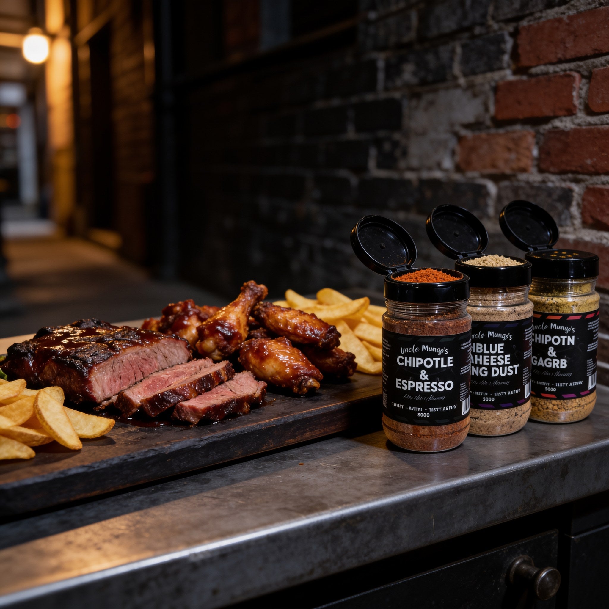 Uncle Mungo's The Lot 8-pack rub and seasoning bundle — the rub and seasoning range beside a board of brisket, ribs and wings