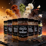 Uncle Mungo's The Lot 8-pack rub and seasoning bundle — exploded high-speed shot with eight rubs and seasonings