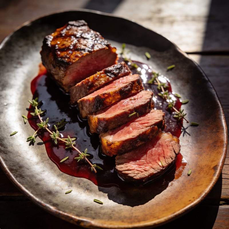 Venison-Style seared venison loin sliced with a rosy centre and dark jus lifestyle photo