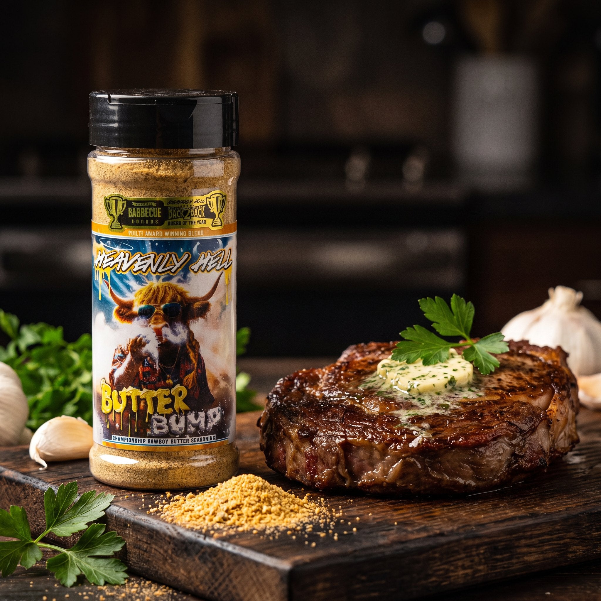 Butter Bump cowboy butter seasoning styled with a buttered steak
