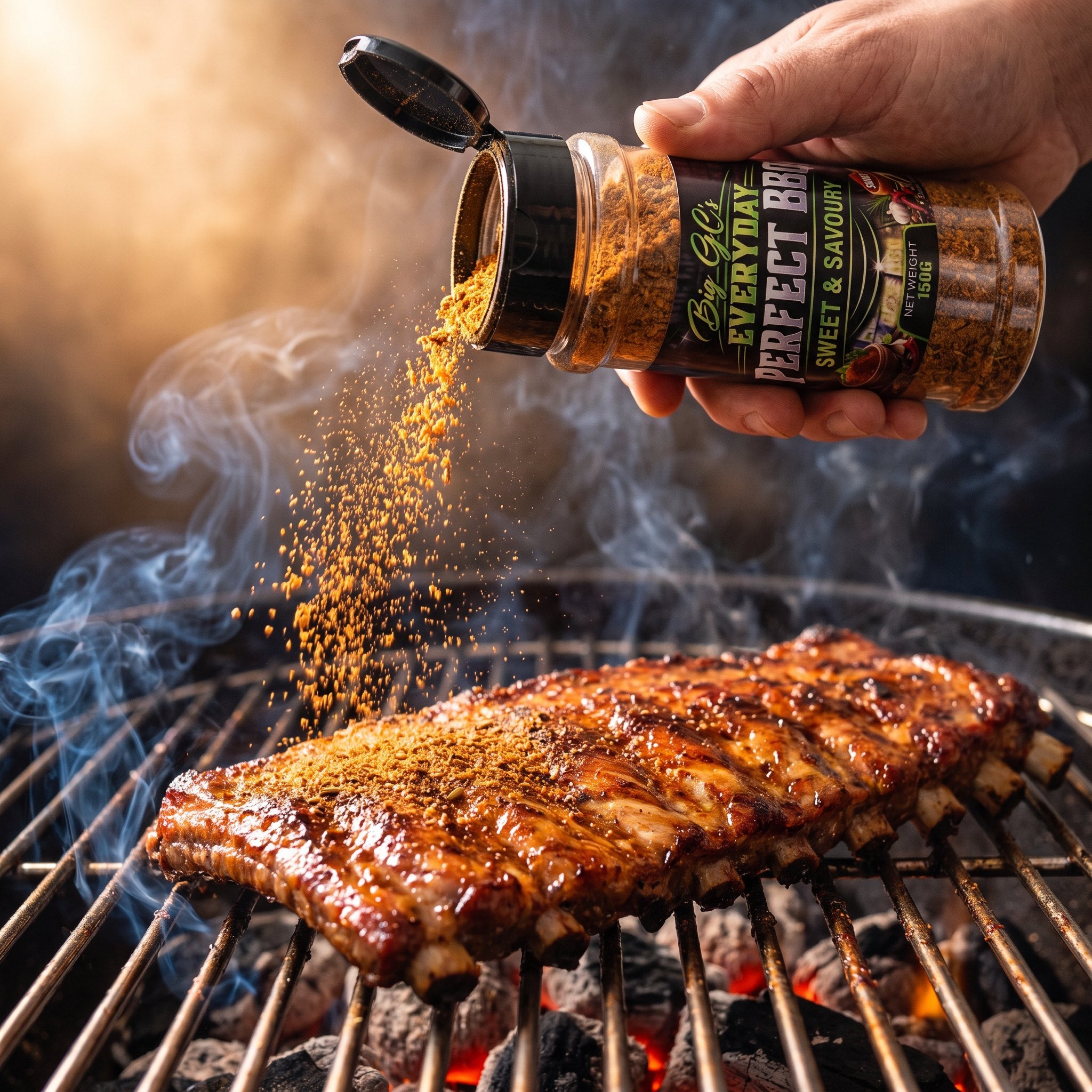 Big GCs Sweet & Savoury rub shaken onto pork ribs on the grill