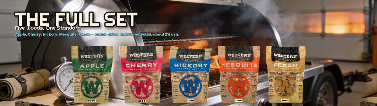 Western Meet the Range banner — all five wood chip flavours, wood pile and firebox scene
