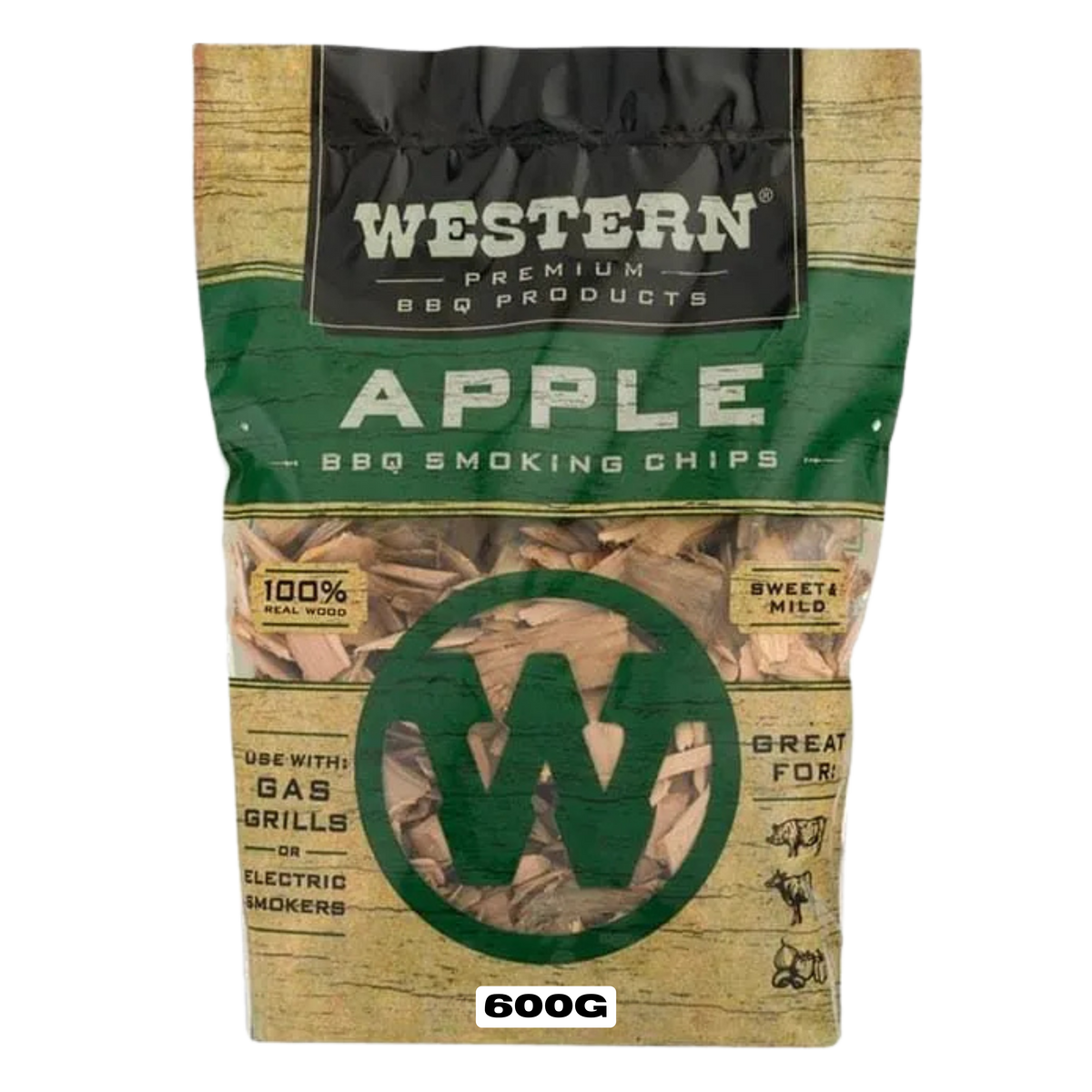 Western BBQ Products Apple Smoking Wood Chips 600g bag — front of bag on transparent background