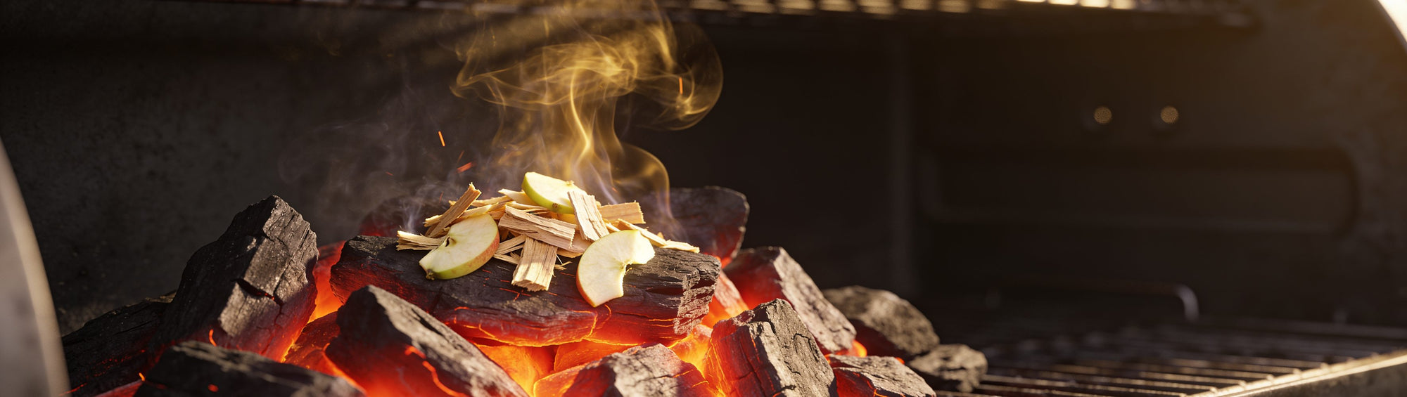 Western BBQ Products Apple Smoking Wood Chips banner background — apple wood chips smouldering on glowing coals