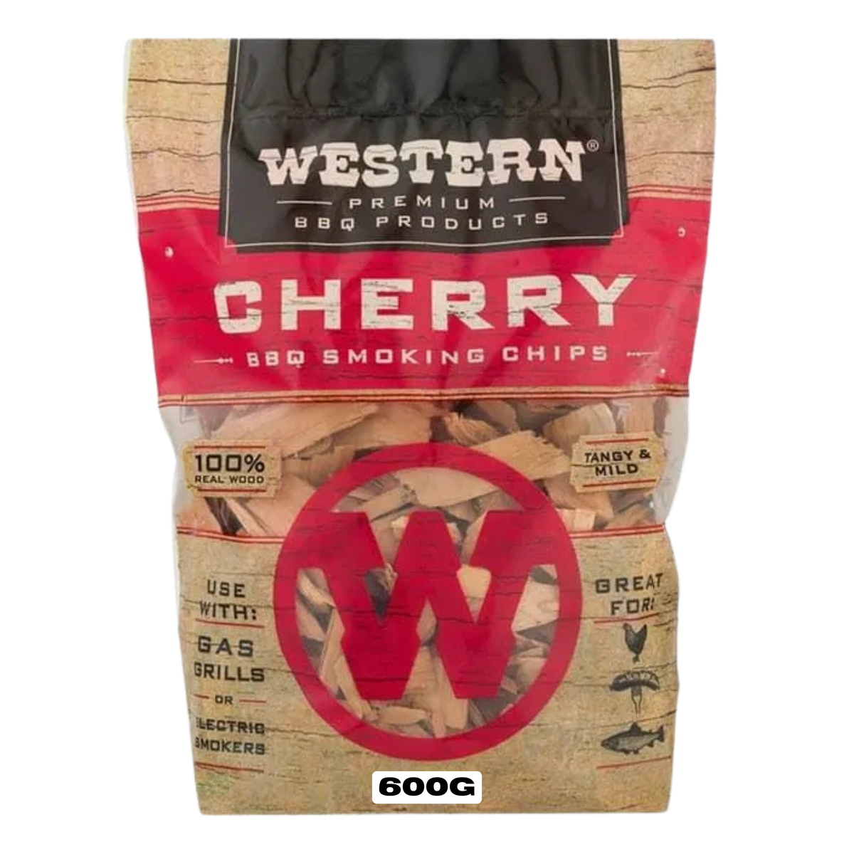 Western BBQ Products Cherry Smoking Wood Chips 600g bag — front of bag on transparent background