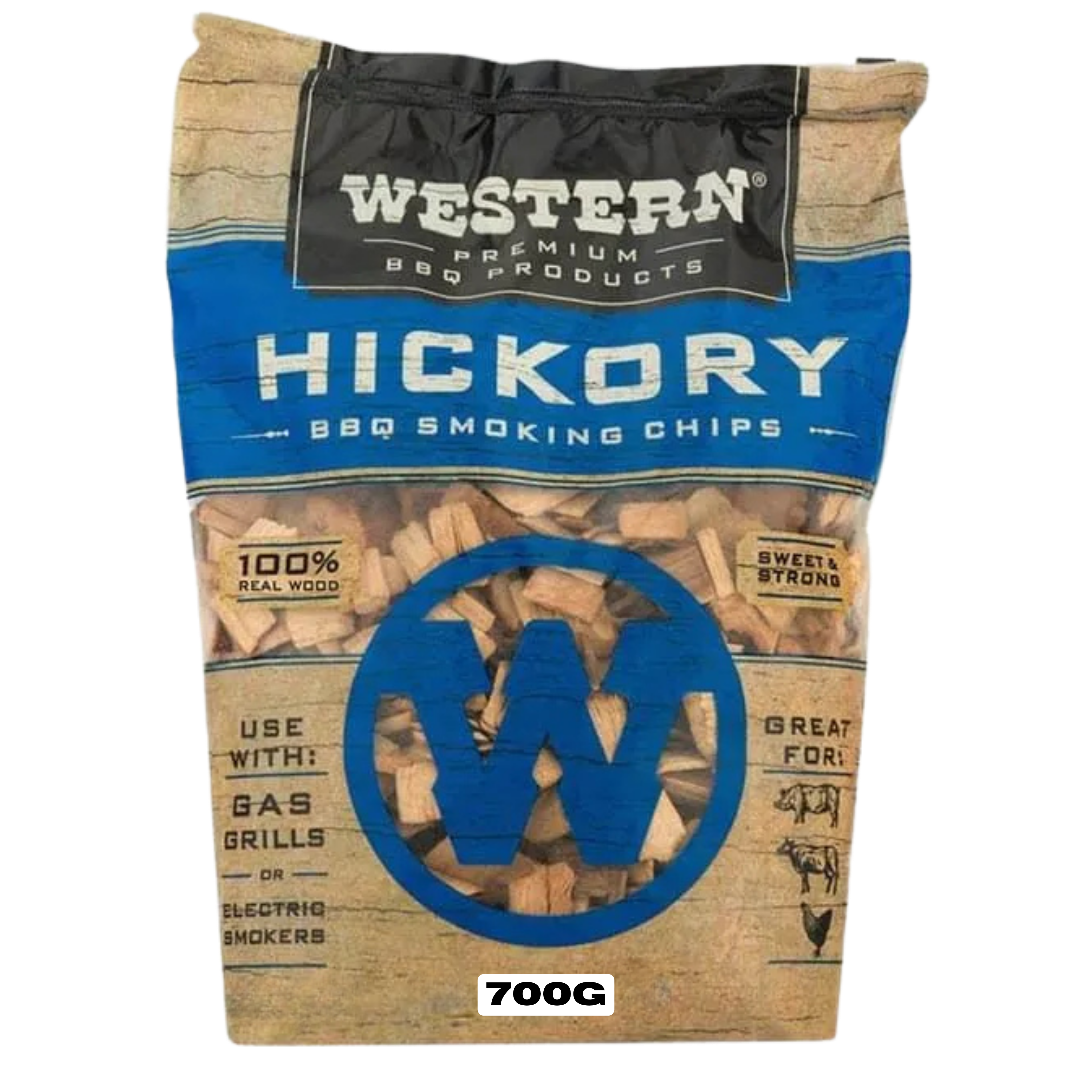 Western BBQ Products Hickory Smoking Wood Chips 700g bag — front of bag on transparent background