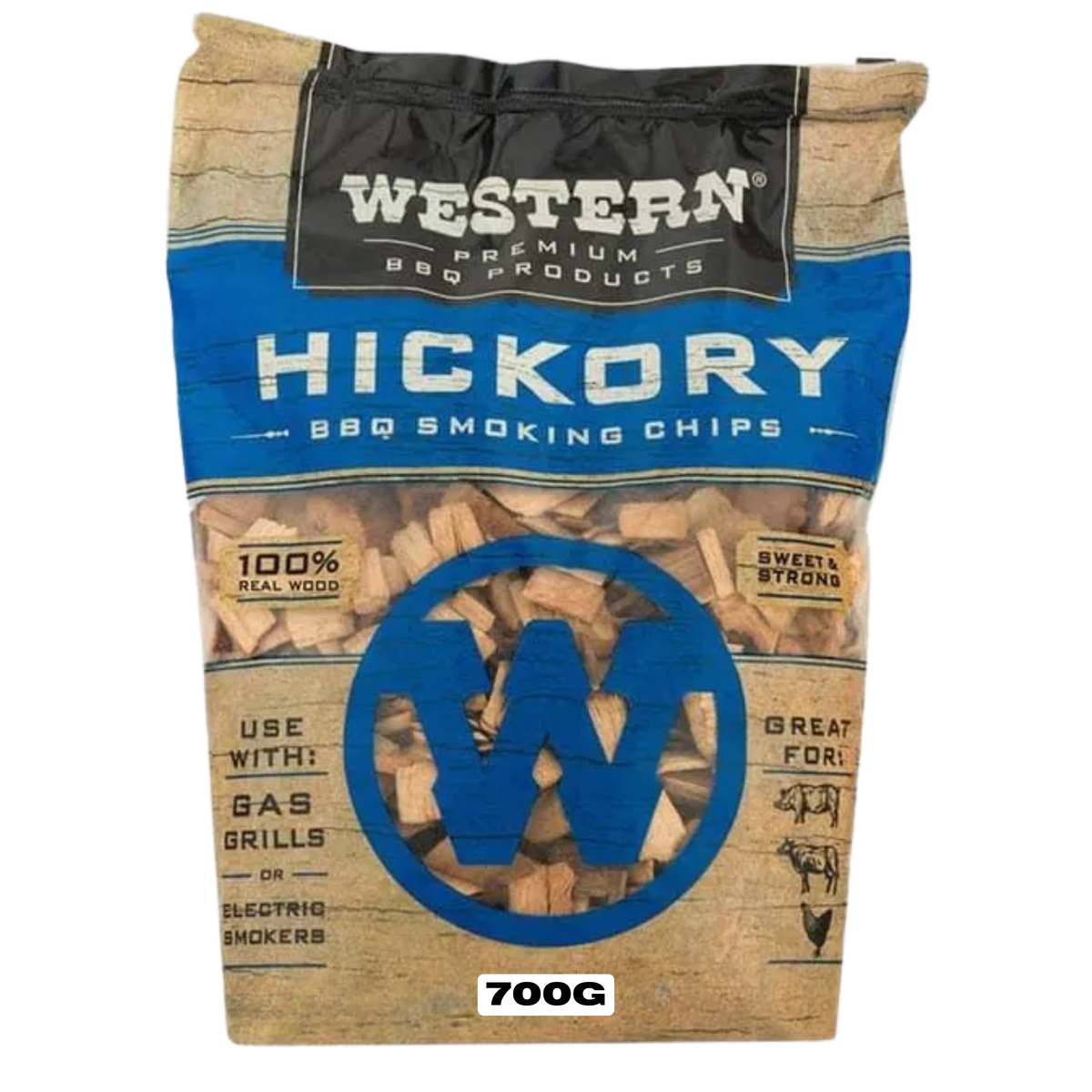 Western BBQ Products Hickory Smoking Wood Chips 700g bag — front of bag on transparent background