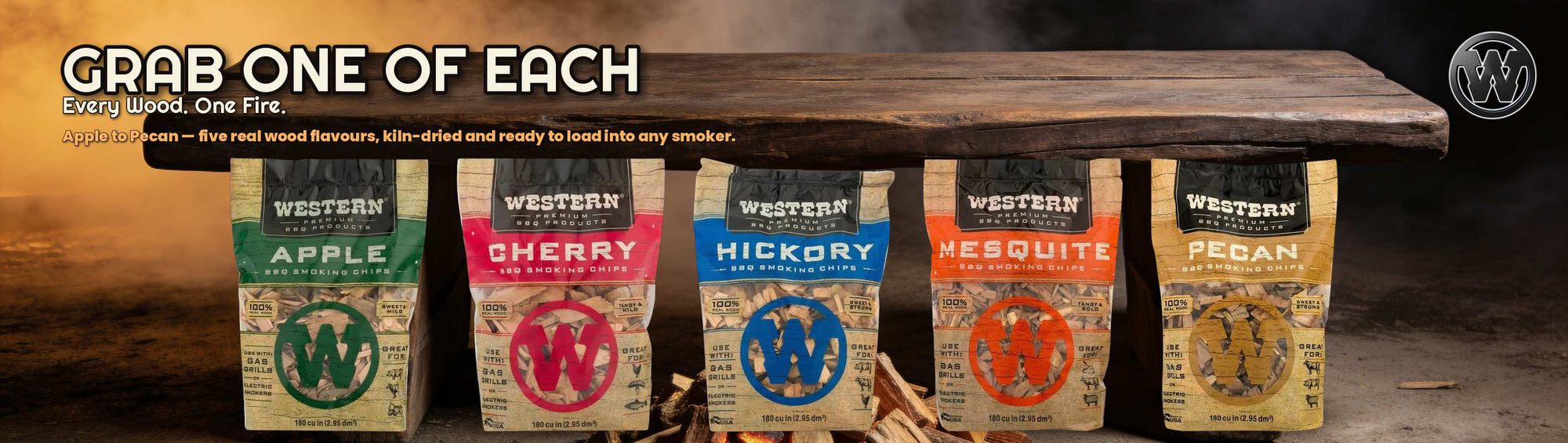 Western BBQ Products Meet the Range banner — all five wood chip flavours, wood pile and firebox scene
