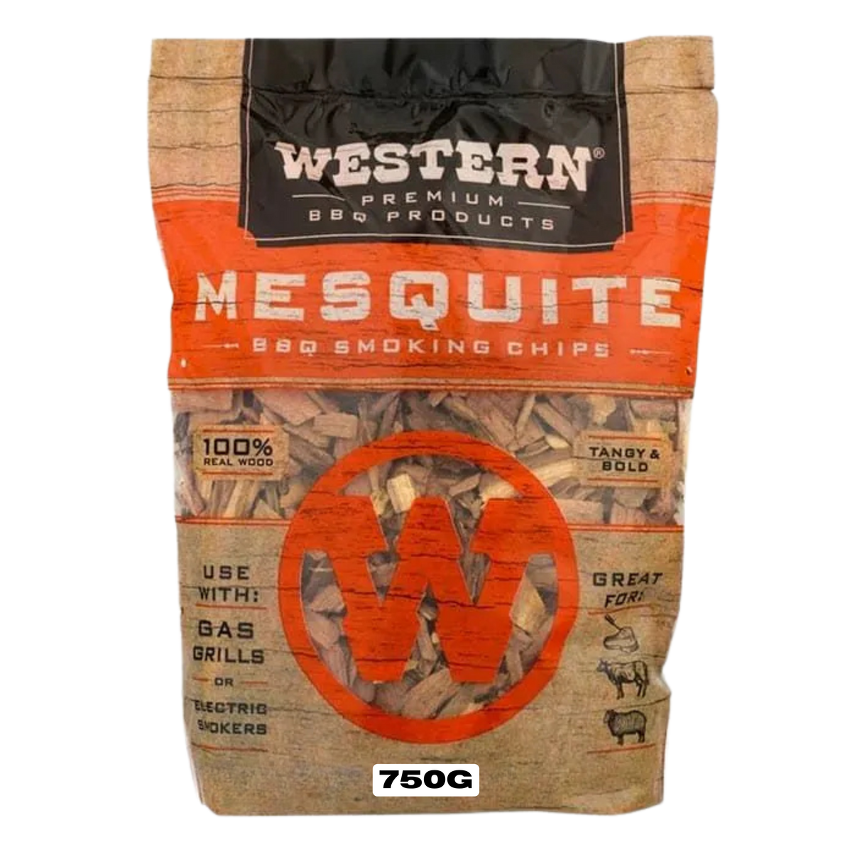 Western BBQ Products Mesquite Smoking Wood Chips 750g bag — front of bag on transparent background
