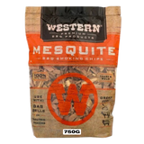Western BBQ Products Mesquite Smoking Wood Chips 750g bag — front of bag on transparent background