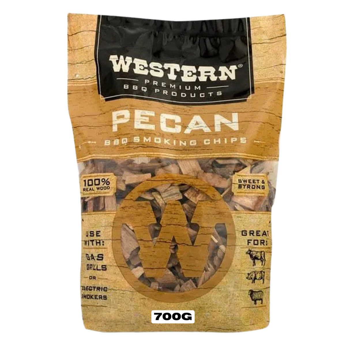 Western BBQ Products Pecan Smoking Wood Chips 700g bag — front of bag on transparent background