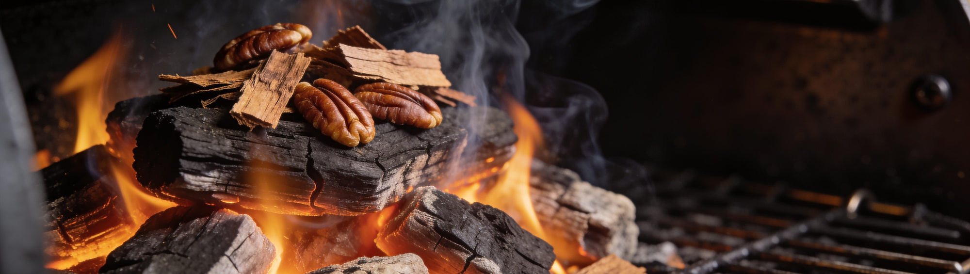 Western BBQ Products Pecan Smoking Wood Chips banner background — pecan wood chips smouldering on glowing coals