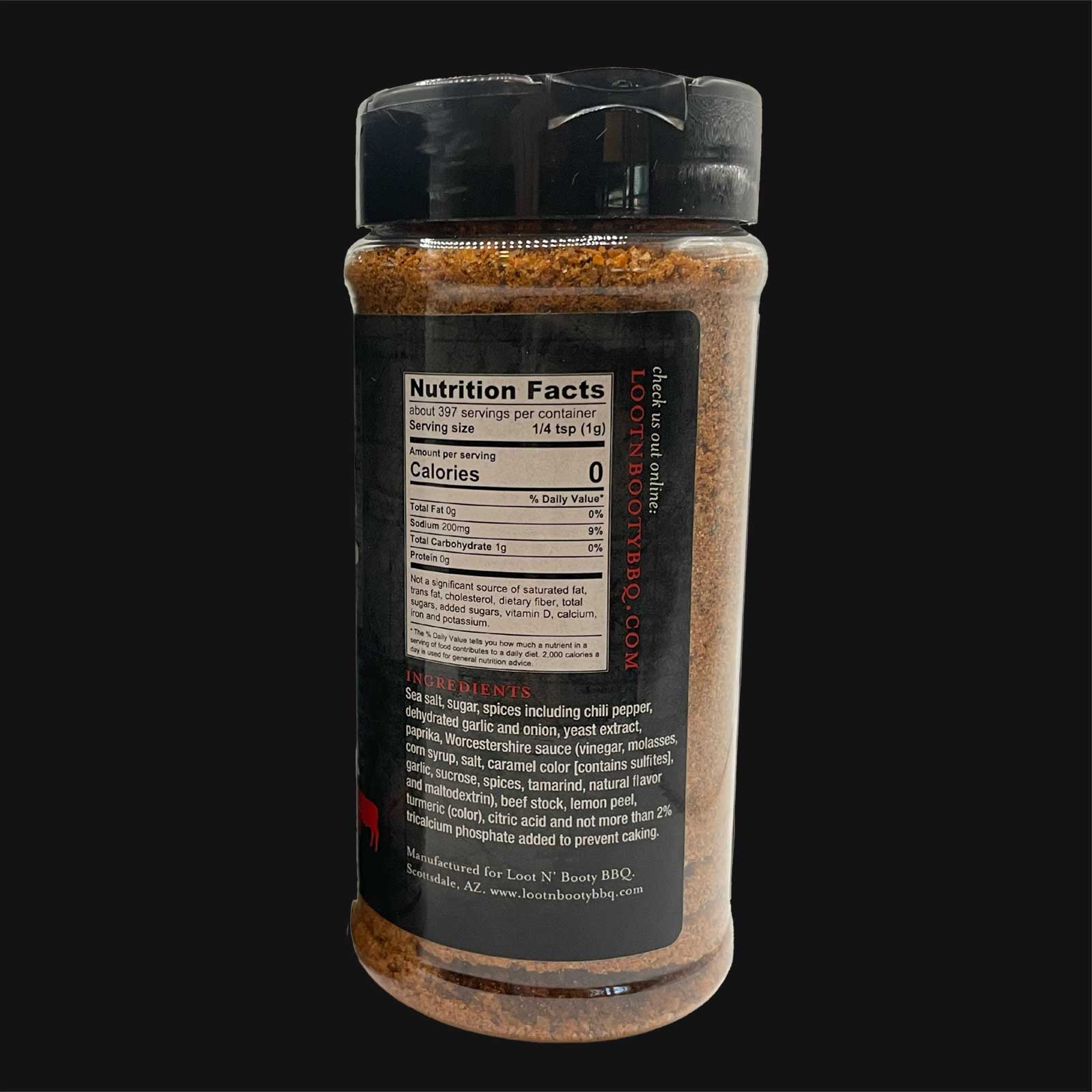 Loot N Booty BBQ What's Your Beef Rub - back label with ingredients and nutrition