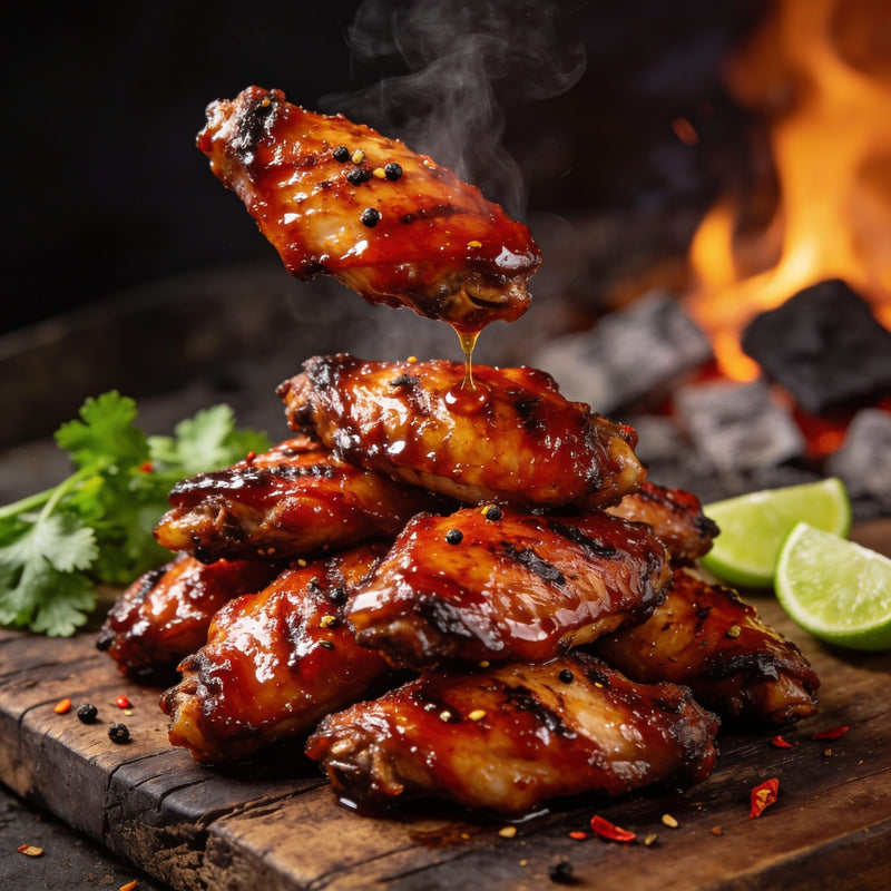 Char-grilled glazed chicken wings stacked on a wood board over open coals lifestyle photo