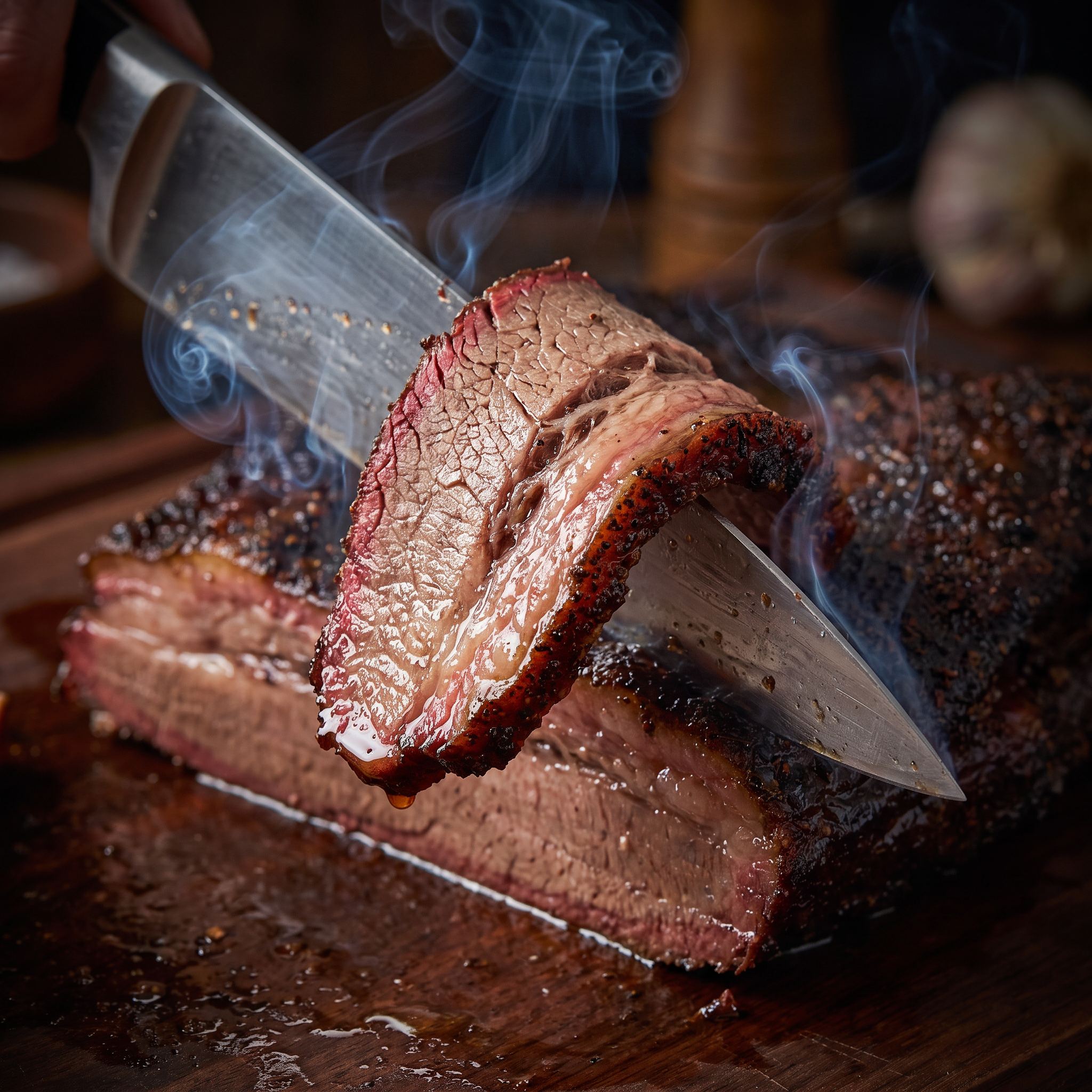 Heavenly Hell The Grilled The Smoked and The Lovely steak & brisket rub 150g — knife slicing a smoked brisket with a smoke ring and mahogany bark